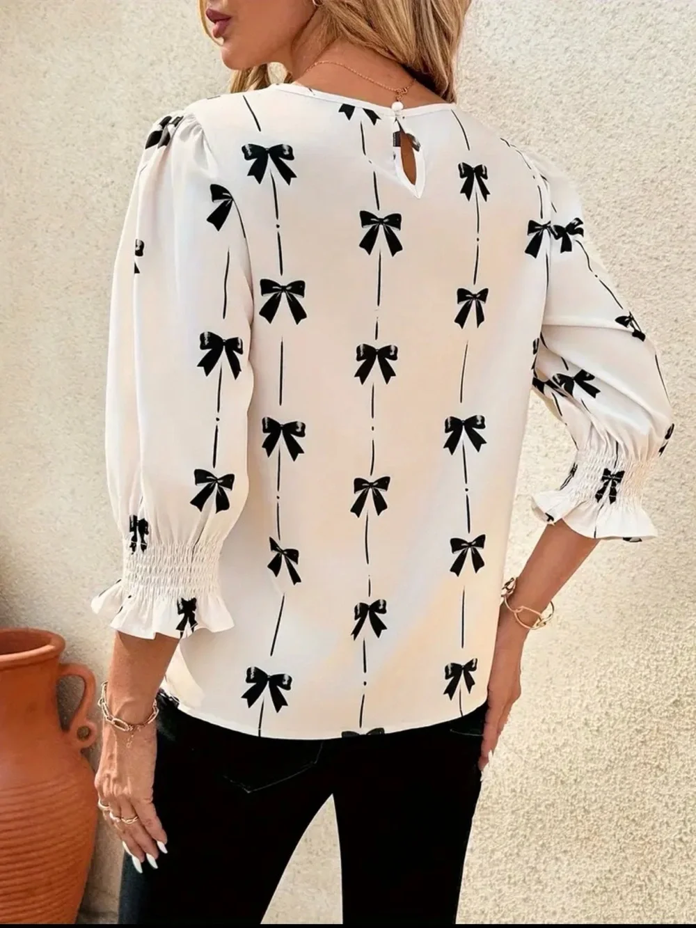 SHEIN Cream Blouse with Black Bow Print and Puff Sleeves - Picture 2 of 4